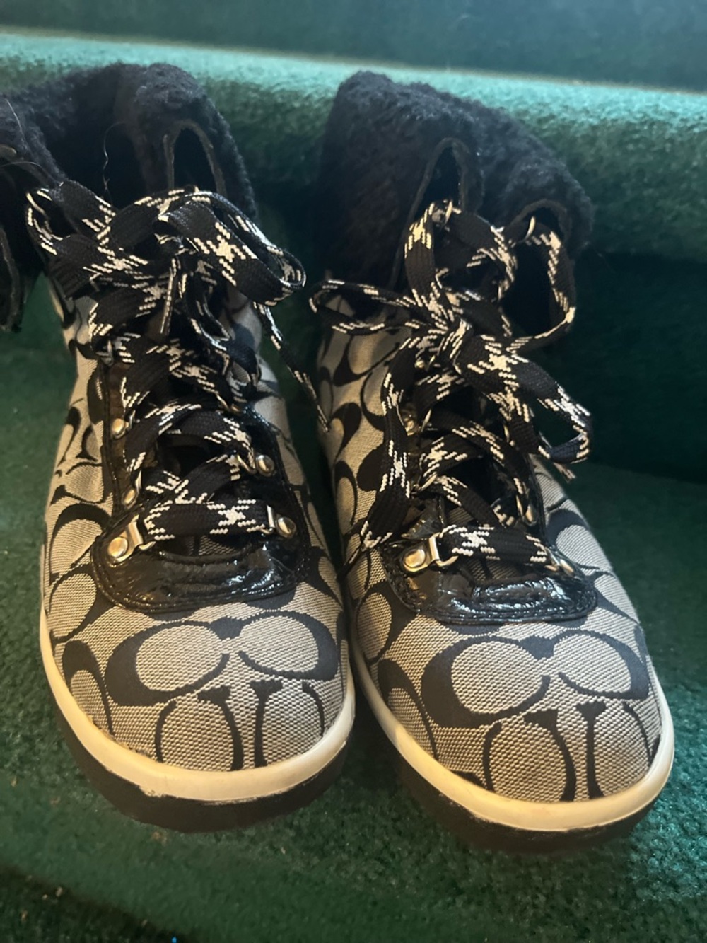 Coach Monogram Lace-Up High-Top Sneakers in Black & White